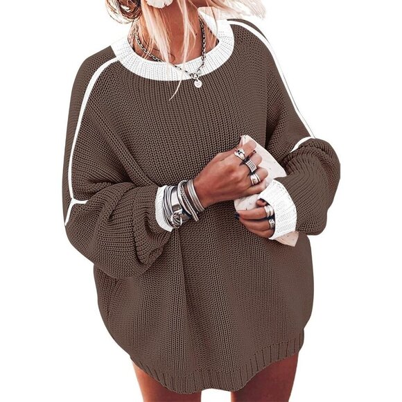Sweaters - Women's Pure Coffee Oversized Winter Clothes Batwing Long Sleeve Knit Sweater